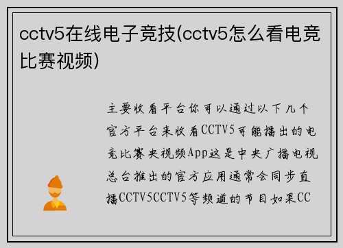 cctv5在线电子竞技(cctv5怎么看电竞比赛视频)