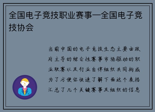 全国电子竞技职业赛事—全国电子竞技协会